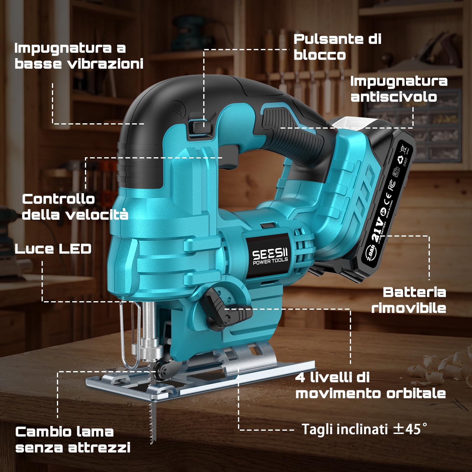Seesii Sierra de Calar sin Cable 21V, Sierra de Calar Eléctrica con 2× 2.0Ah Baterías, 2800RPM Velocidad Variable para Cortar Madera, Cortes Biselados 0°-45°, Luz LED, 4 Ajustes Orbitales