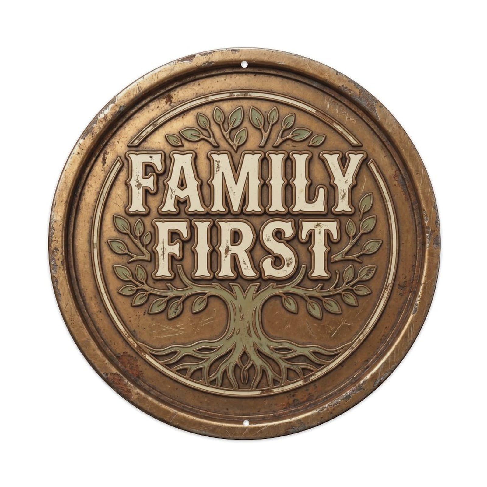 Cmhok Vintage Style Family First Nostalgic Living Display Retro Slogans Metal Tin Sign Plaque Wall Decor For Cafe, Club, Garden Round Metal Poster 8X8inch