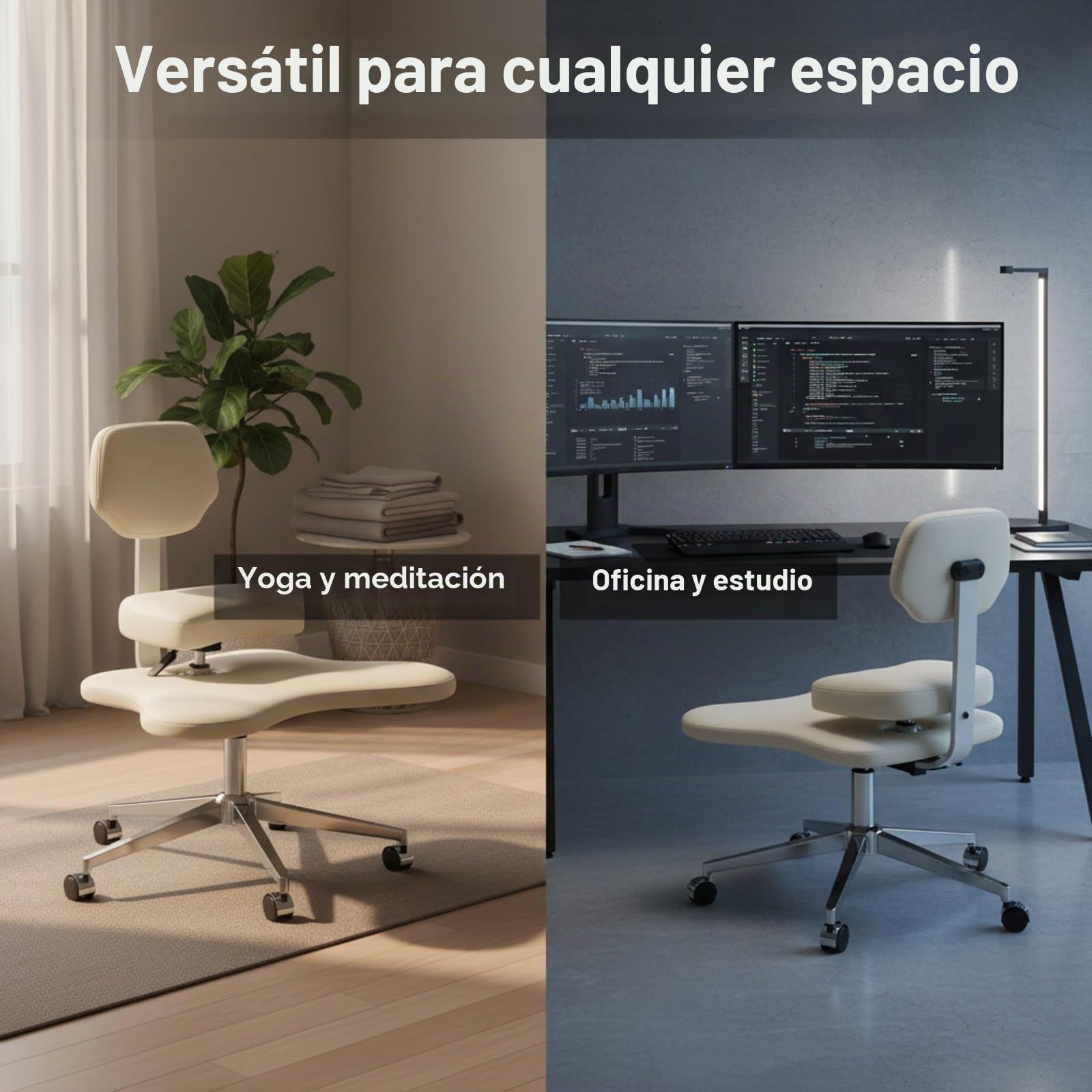 Silla de meditación de oficina con 5 ruedas, patas cruzadas, capacidad de carga de 130 kg, altura ajustable, ergonómica, para oficina, hogar, color blanco