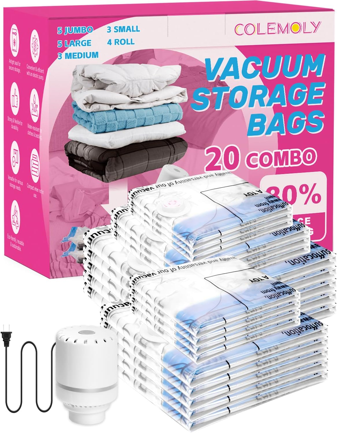 Colemoly Vacuum Storage Bags with Electric Air Pump 20 Pcs Compression Space Saver Vacuum Seal Bags for Clothing, Blanket, Comforter, Travel, Moving (5 Jumbo/ 5 Large/ 3 Medium/ 3 Small/ 4 Roll Up)