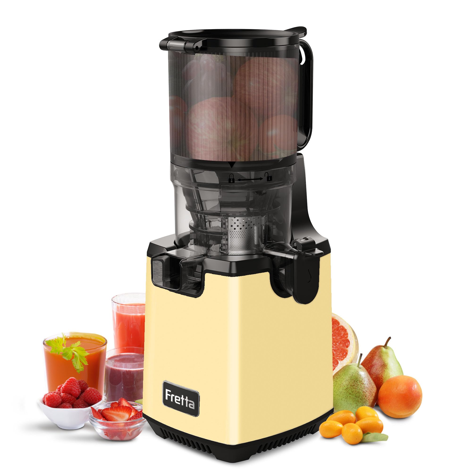 Fretta Juicer Machines,Cold Press Juicer/w 5.3'' Large Feed Chute fit Whole Fruits,Self Feeding Masticating Juicer,High Juice Yield,Easy Clean Fruit Juicer,Reverse Function,BPA Free, Yellow