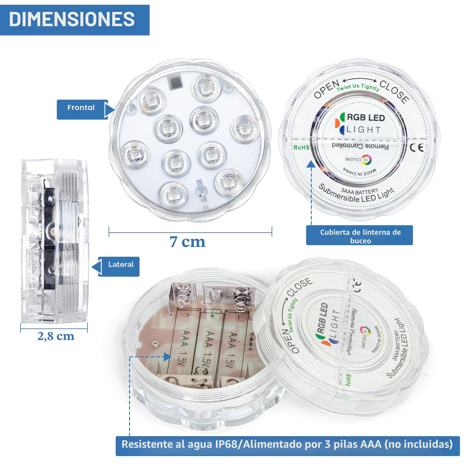 2 Set Luces Led Sumergibles Con Control Remoto: Rgb Multicolor, Impermeables Y A Prueba De Agua, Ideales Para Piscinas, Jarrones, Spas, Acuarios, Estanques, BañEras Y Para Fiestas Y DecoracióN