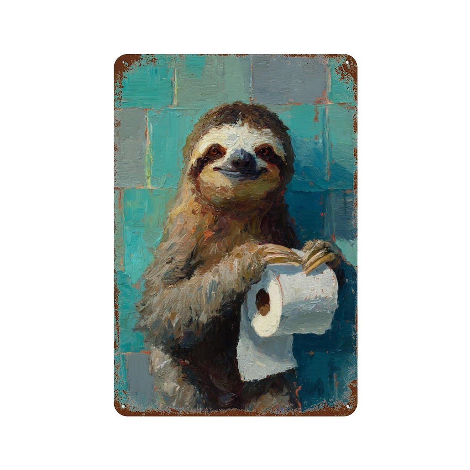 Sloth Holding Toilet Paper Roll-1 Rustic Tin Plaque 11.8"x7.9", Ideal for Office, Studio And Wall Decor