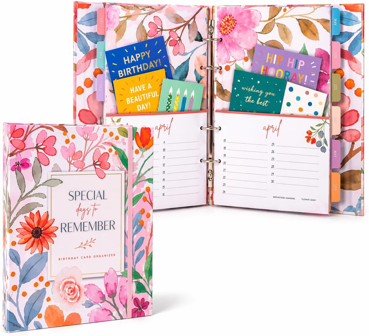 Paper 'n Such Greeting Card Organizer with 27 Pockets - Hardcover - Floral Birthday Book - Perpetual Calendar and Dates to Remember - Christmas, Holidays, Anniversary Reminders - Card Keeper