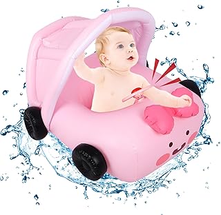 Gukasxi Baby Swimming Float Inflatable Baby Pool Float Ring with Safety Seat and Canopy, Car Shaped Inflatable Baby Swim Float Swimming Ring Infant Baby Floatie Boat for Toddler 6-48 Months