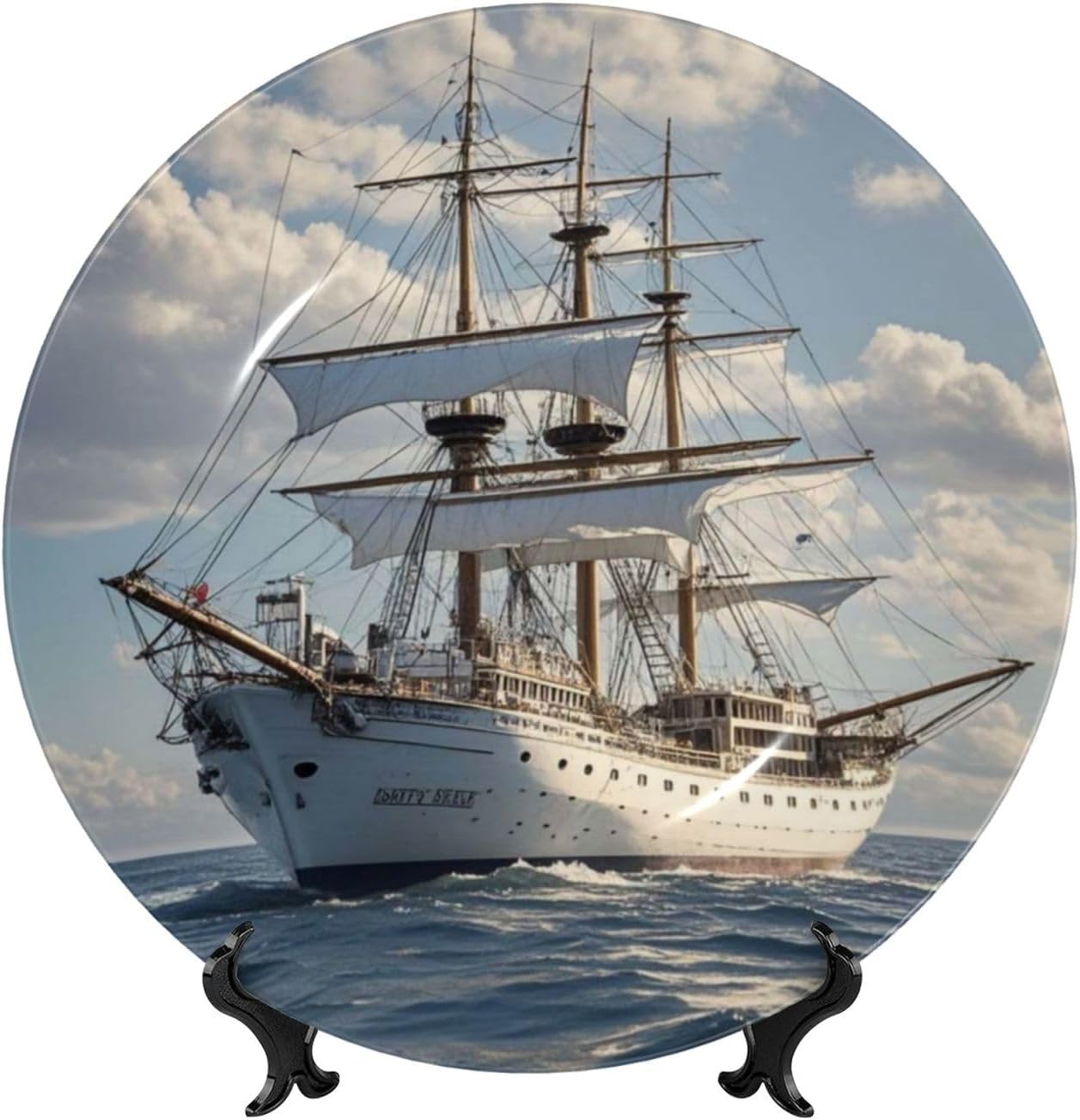 Bone China Decorative Plate with Display Vintage Nautical White Ship Ceramic Plates Crafts Art Decor Dessert Plate Ceramic Ornament Porcelain Plates for Living Room Kitchen Table Home Decor