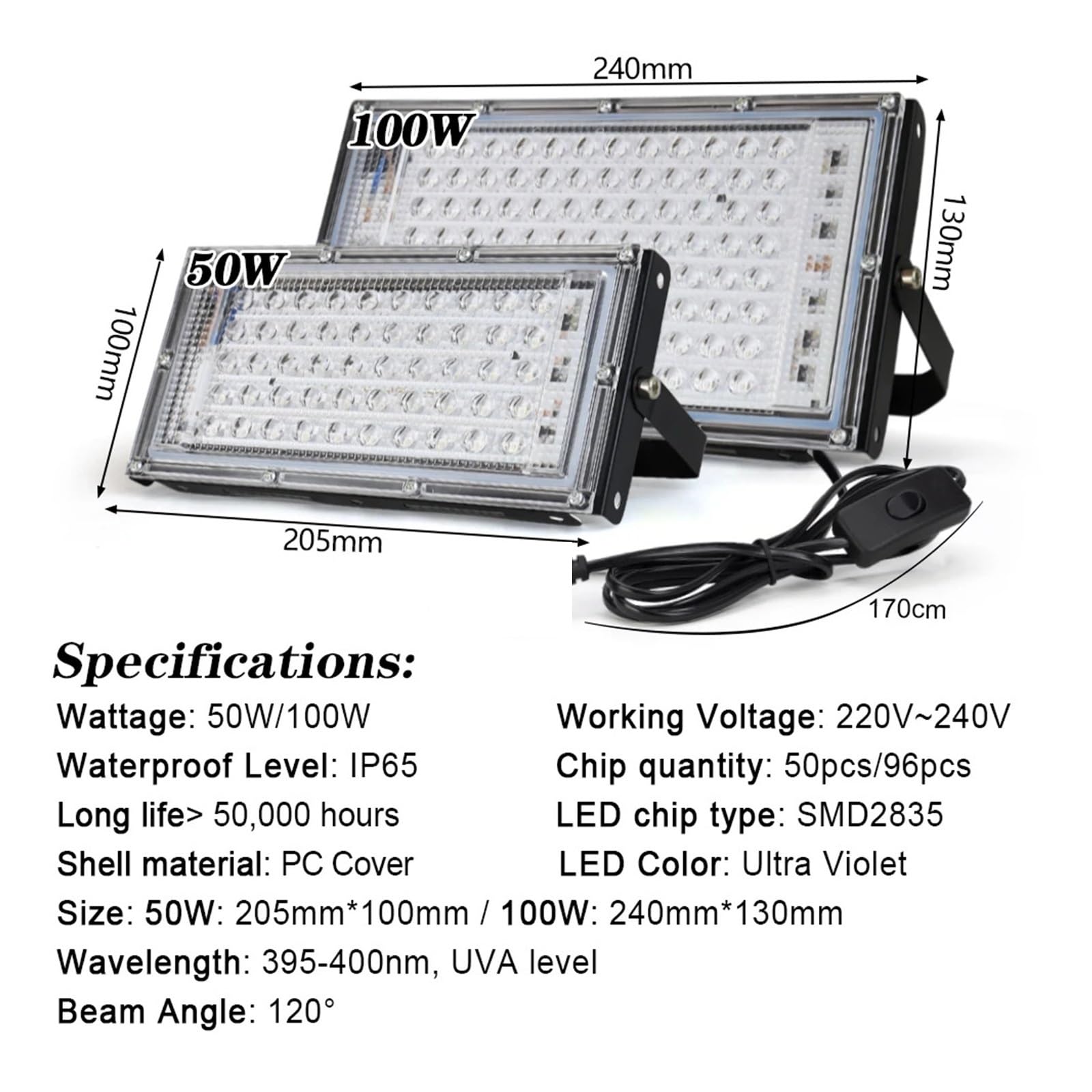 Reflektory UV 50W 100W LED Stage Blacklight Ultrafioletowe Światło Powodziowe Na Halloween Xmas Dance DJ Disco Party Bar(100W)