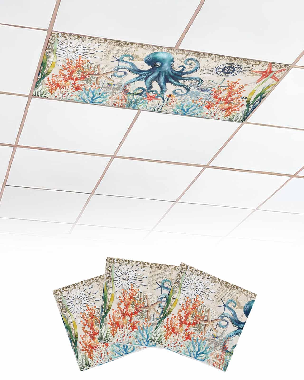 Ocean 3 Pcs Fluorescent Light Covers for Ceiling Lights, Vintage Octopus Seagrass Coral Starfish Magnetic Light Filters for Eliminate Harsh Glare Classroom Office Decoration, 4 x 2 Ft