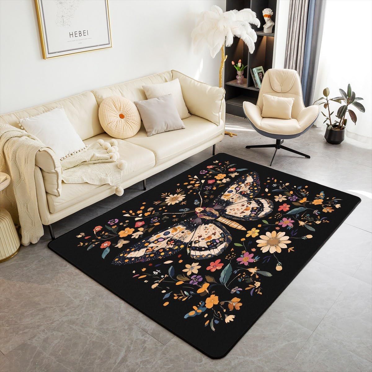 jejeloiu Death Moth Area Rug 3x5 Floral Living Room Rugs for Bedroom for Kids Boys Girls Decor Skull Decor Decor Carpet Soft Botanical Flowers Blossom Bedroom Decor