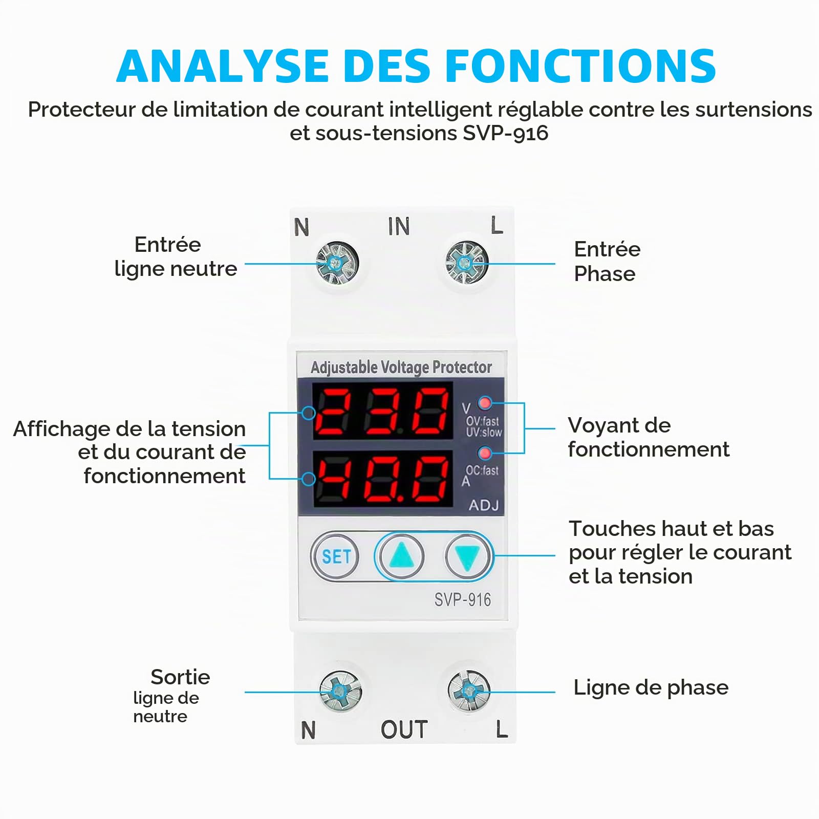 DeWin Protecteur de Courant de Tension, Protecteur de Courant de Surtension et de sous-Tension Réglable Monophasé Intelligent 40A AC 230V