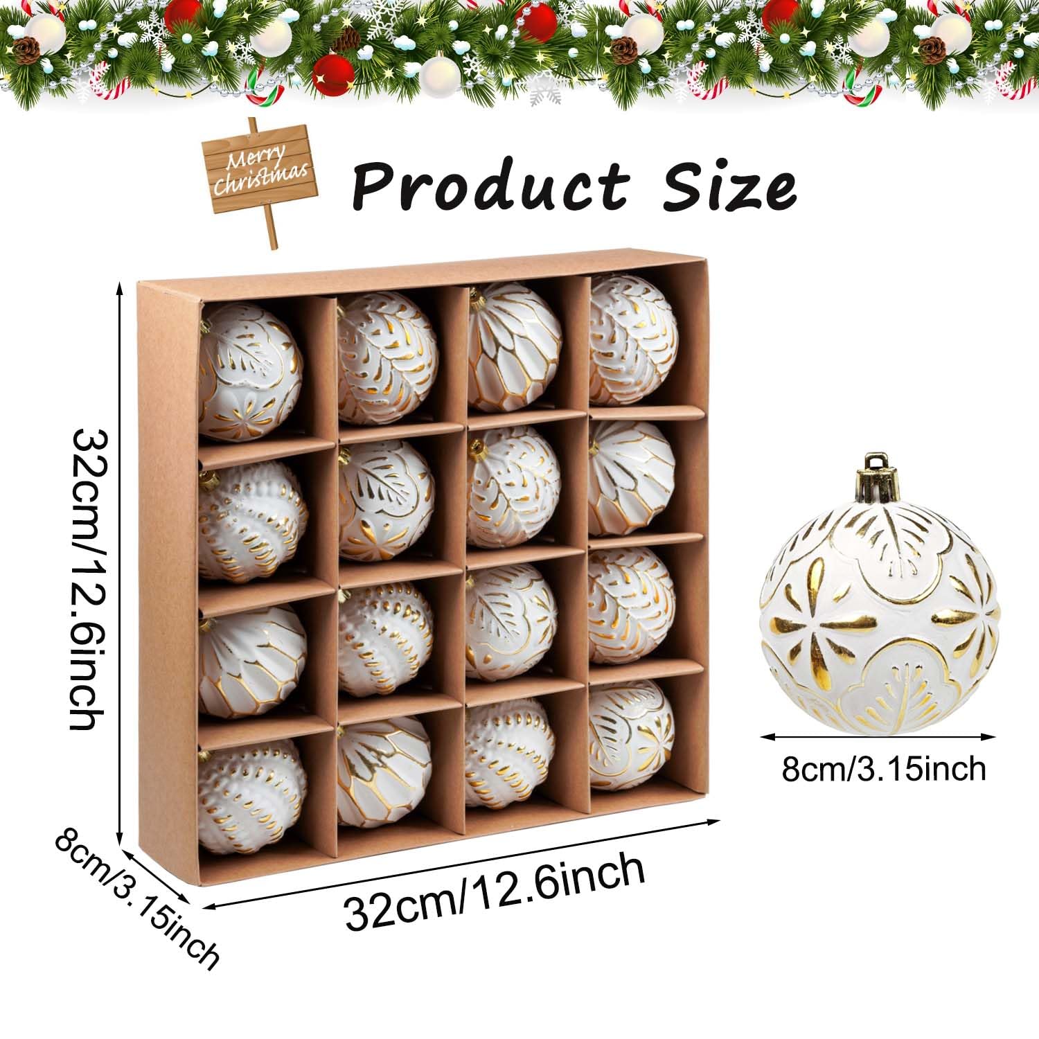 SVNVIOZ White Gold Christmas Baubles Decorations, 16Pcs 8cm Ornaments Set, Shatterproof Balls for Tree Decoration - Image 3