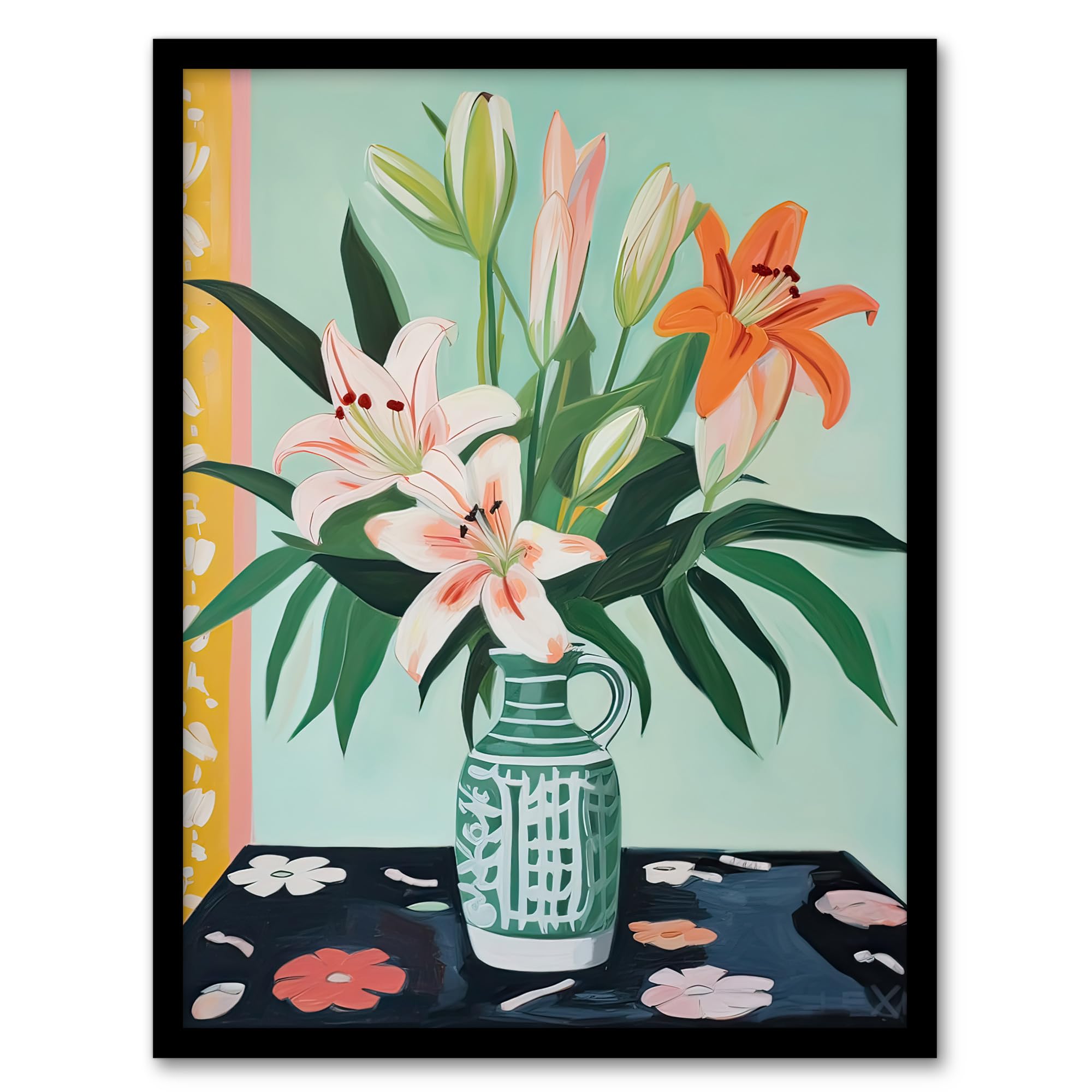 Artery8 Pink Lilies in a Green Vase Colourful Oil Painting Springtime Flowers Floral Still Life Artwork Framed Wall Art Print 18X24 Inch