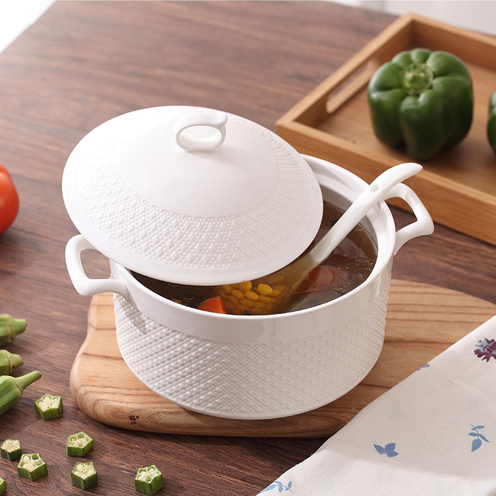 YLME Zuppiera per Zuppa con Mestolo E Coperchio in Porcellana per La Cucina di Ristoranti E Case Pentola per Zuppa E Brodo in Ceramica Bianca Decorata,3600ml/3.27qt