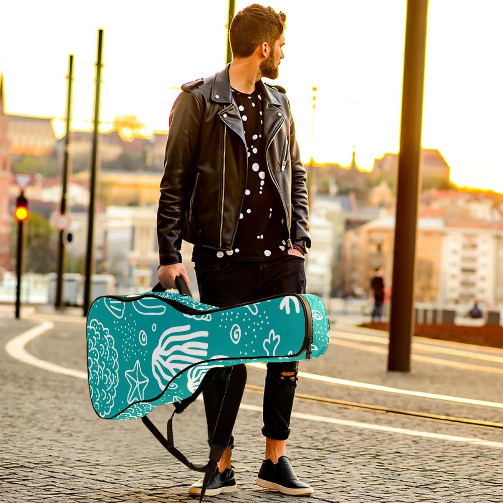 Akustikgitarrentasche Wasserdicht Gitarre Rucksack Dicke Weich Gepolstert Geometrisch Blau Klassische Gitarre Tasche, Farbe8, 42.9x16.9x4.7 in, Taschen-Organizer