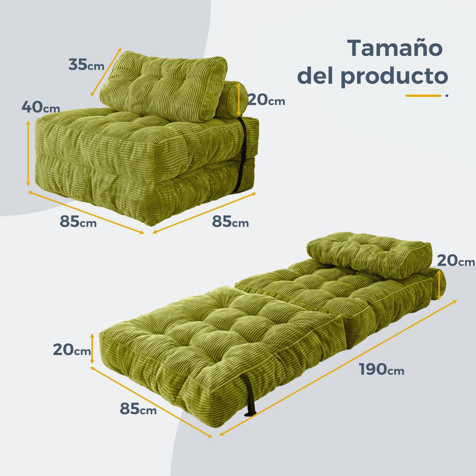 MAXYOYO Sofá cama plegable sofá cama convertible con cojines, colchón con respaldo, silla-cama portátil-Sofá de suelo cómodo para salón dormitorio, Verde