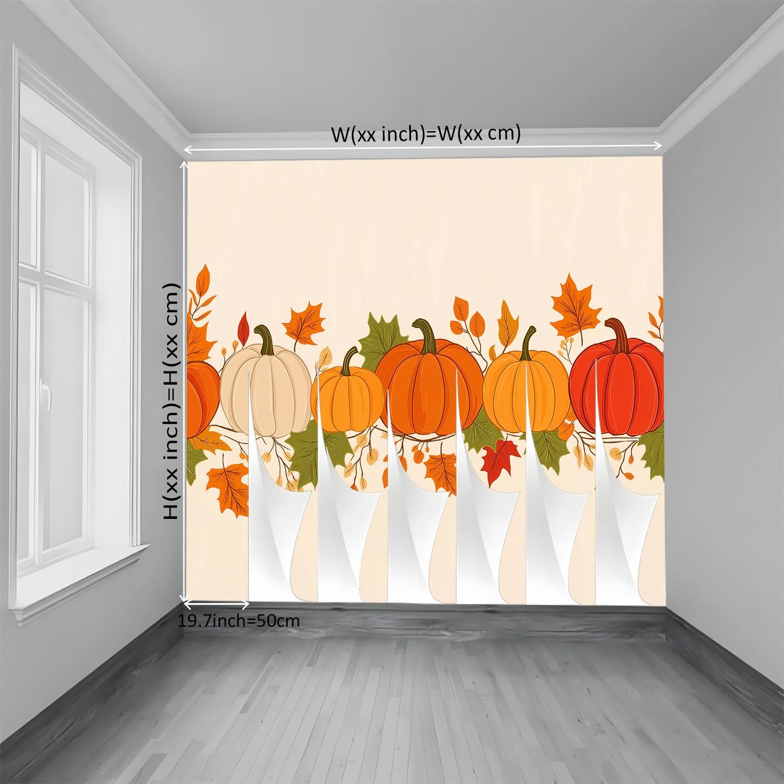 Fototapeta z motywem dyni i liści, motyw dyni i liści, 400 x 280 cm, efekt 3D, obraz ścienny, tapeta ścienna, nowoczesna tapeta ścienna, do salonu, pokoju dziecięcego, sypialni, tło TV, dekoracja
