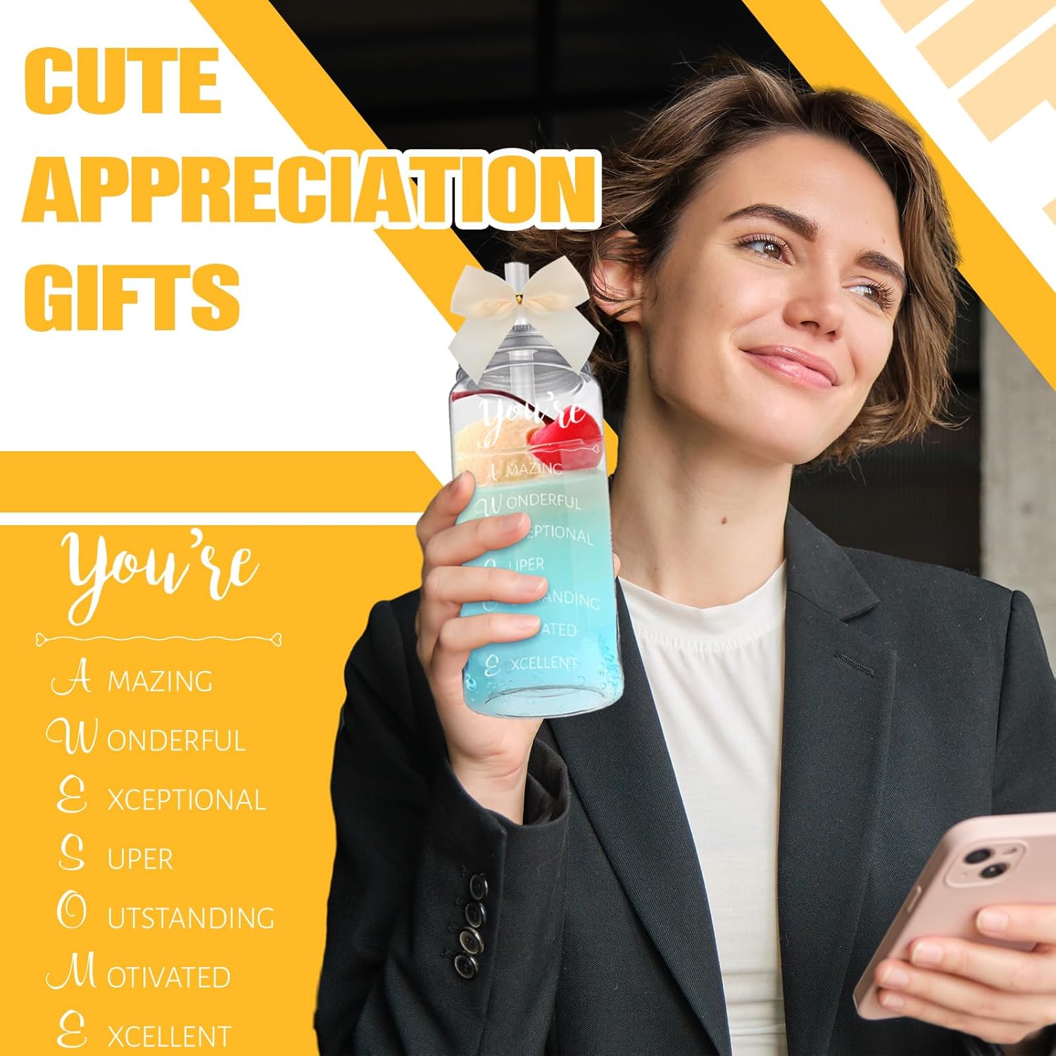 Skylety 24 Pack Valentine Employee Appreciation Gifts Bulk for Women You Are Awesome Gifts Cups with Straw Lid 13.5 oz Plastic Skinny Tumbler Cream Bow Inspirational Cups for Team Coworker Staff - Image 4
