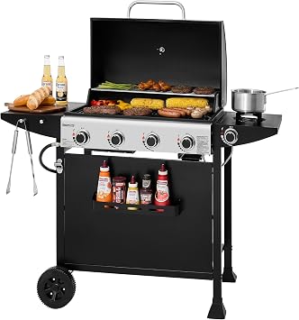 GH4001H 4-Burner Gas Grill Black | 49,000 BTU, Side Burner and Front Spice Rack, Side Shelf and Side Burner with Hooks,625 Sq.,Outdoor, Patio, Backyard, Balcony