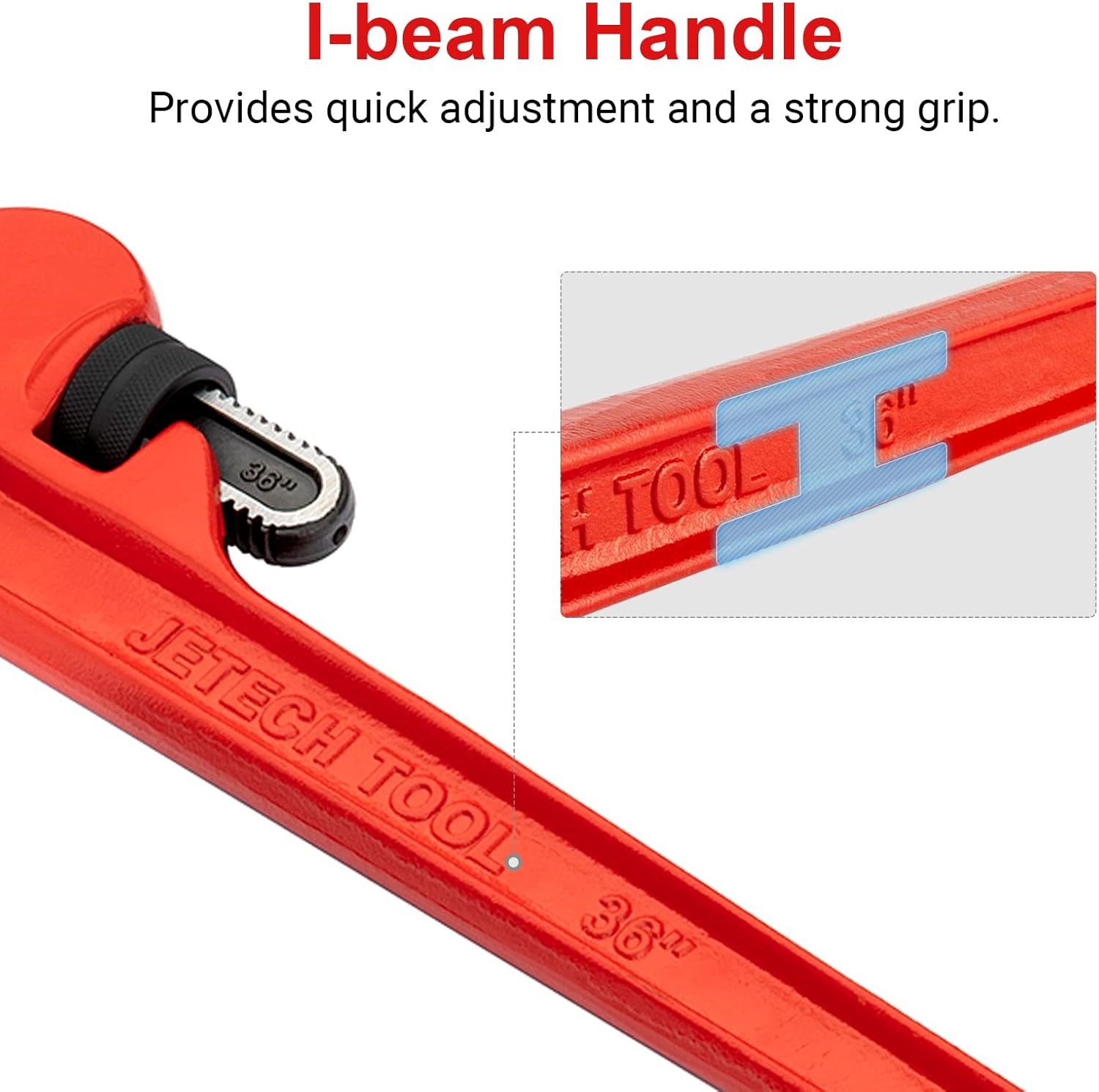 Jetech 36-inch Heavy Duty Straight Pipe Wrench, Adjustable Aluminum Plumber with Floating Hook Jaw and I-Beam Handle, Red