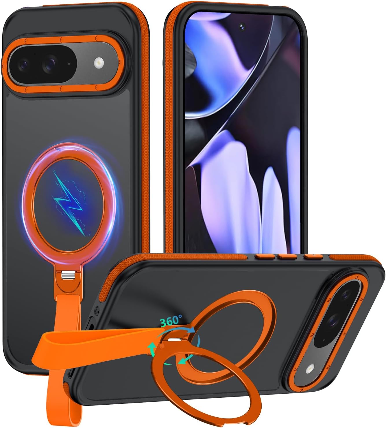 360°Spin Magnetic Stand with Silicone Strap for Google Pixel 10 Pro XL Case [Fit for MagSafe], Mil-Grade Shockproof Translucent Pixel 10 Pro XL Phone Case with Ring Holder (Purple) 2