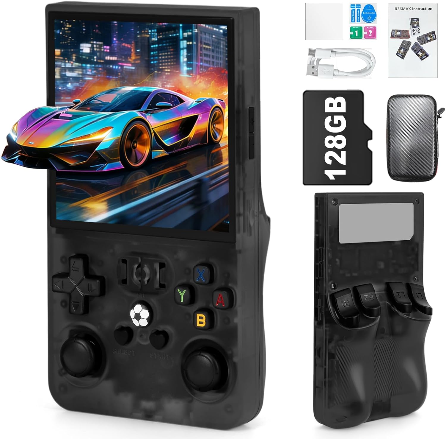 R36MAX Handheld Game Console - 4.0-Inch Screen, Support 22000+Classic Games,128G TF Card,Portable Console with Open Source System,4000mAh Battery,Birthday Gift for Adult or Partner - Black