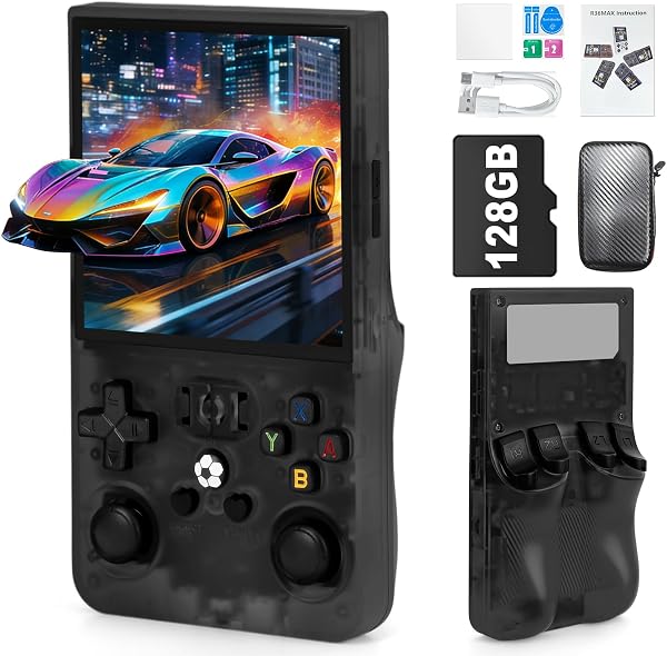 R36MAX Handheld Game Console - 4.0-Inch Screen, Support 22000+Classic Games,128G TF Card,Portable Console with Open Source System,4000mAh Battery,Birthday Gift for Adult or Partner - Black - 1