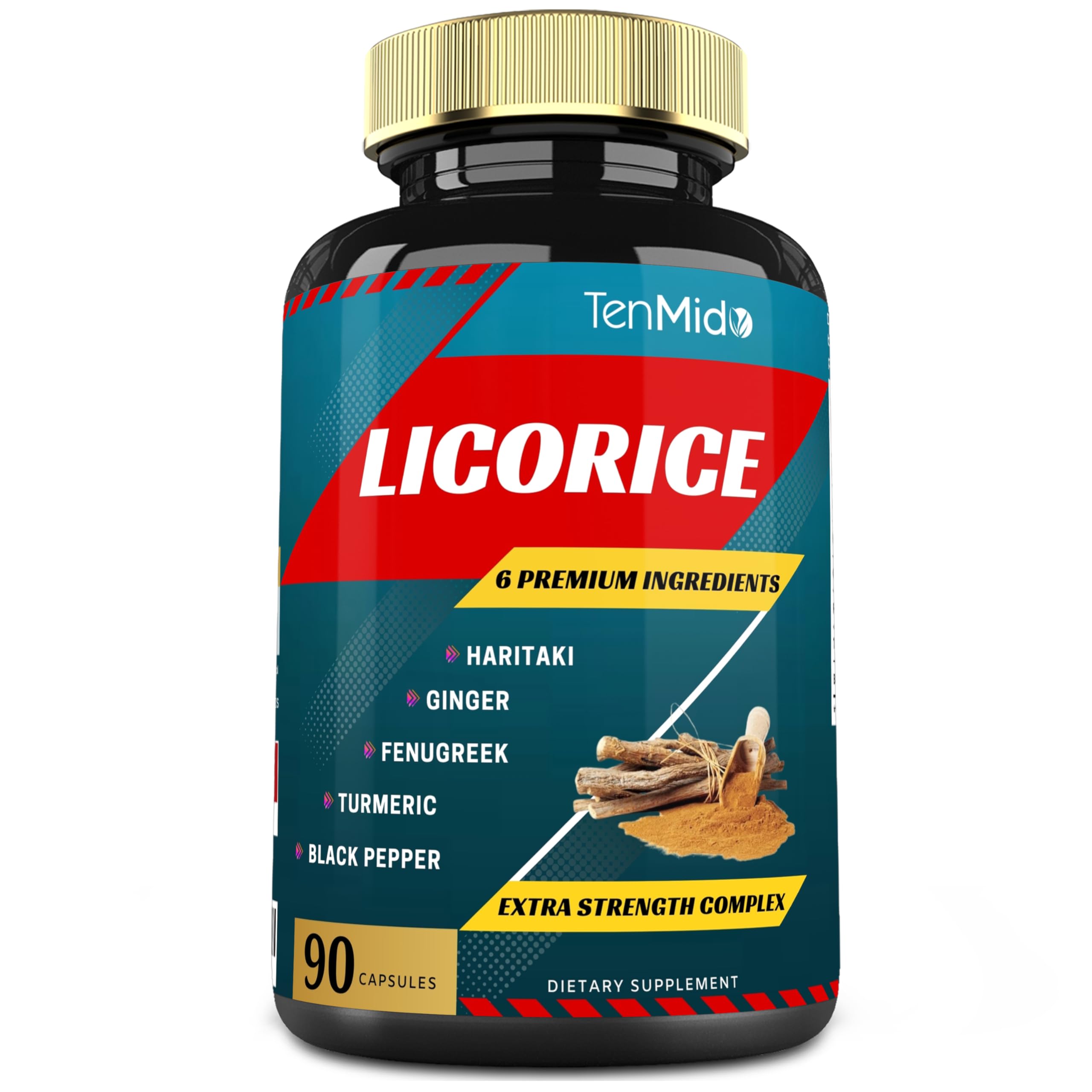 Licorice Extract Capsules with Turmeric, Ginger, Fenugreek, Haritaki, Black Pepper - Support Digestion Function - 90 Caps, 3 Months Supply