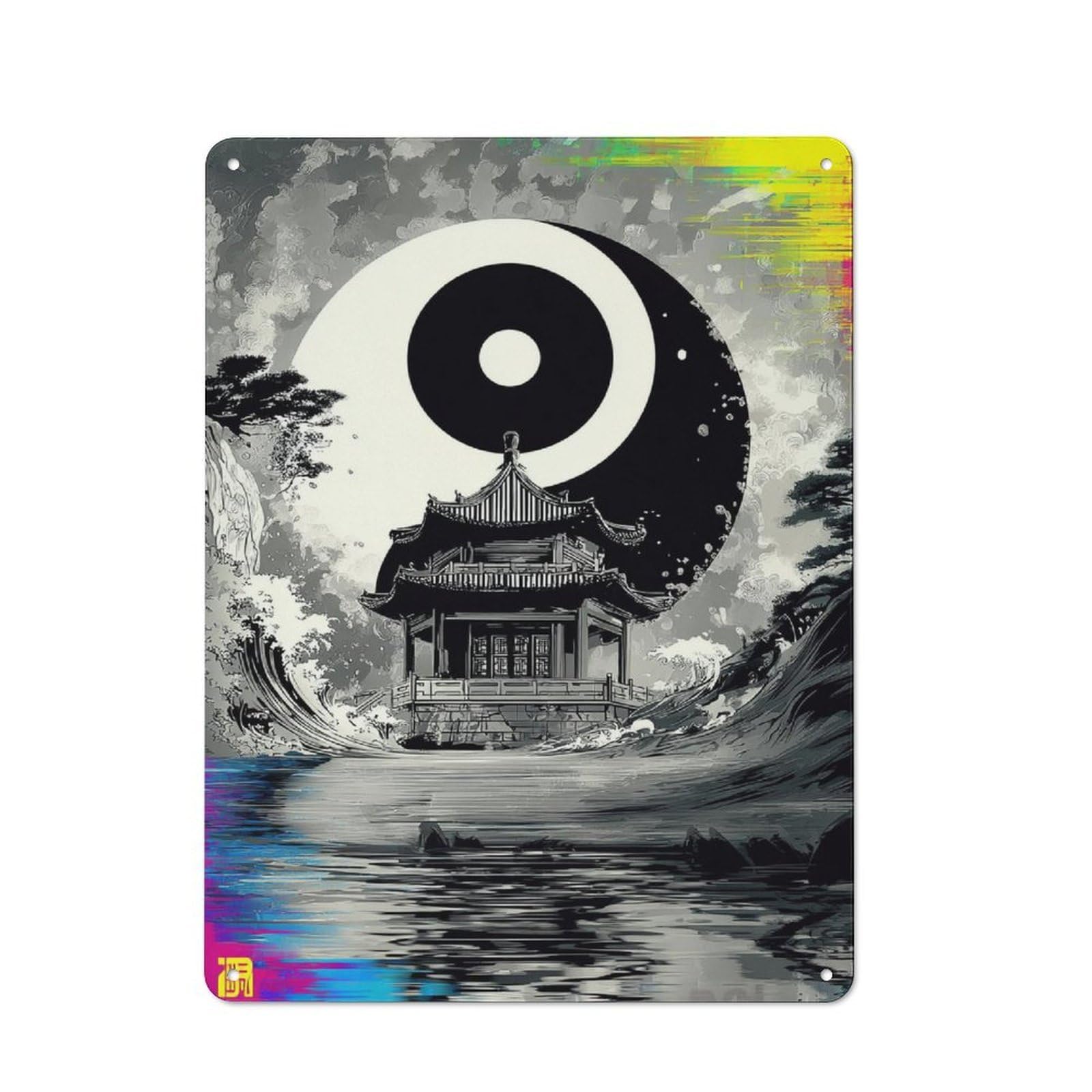 Junmoney Yin-Yang Moon Over Traditional Pagoda Retro Tin Sign 40X30cm For Pub Or Café, For Collectors Building A Themed Wall Display
