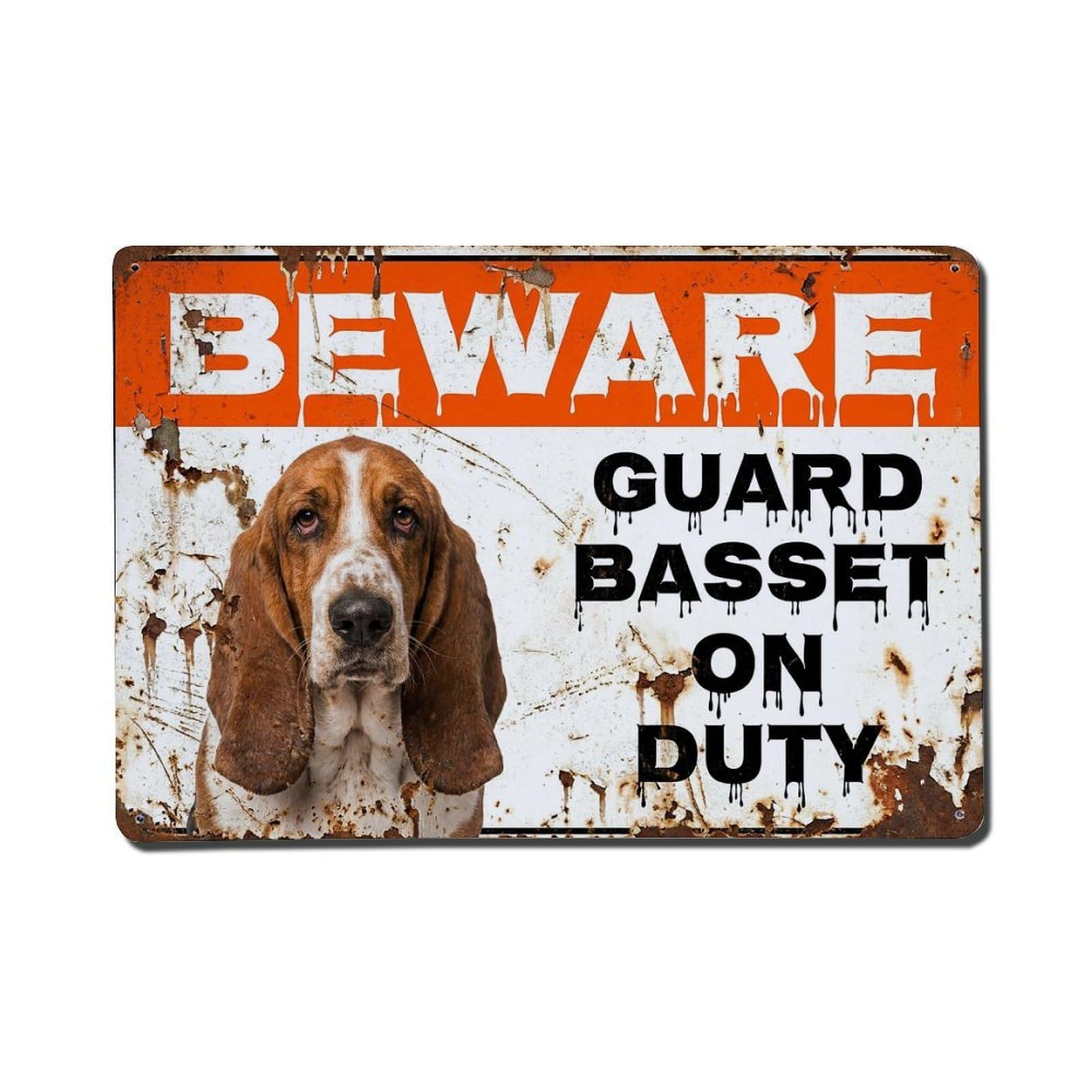 Vintage Funny Basset Guard Beware of Dog Veranda Metal Tin Sign Plaque Wall Decor for Cafe, Club Bar, Office, Garden Metal Poster 8x12Inch