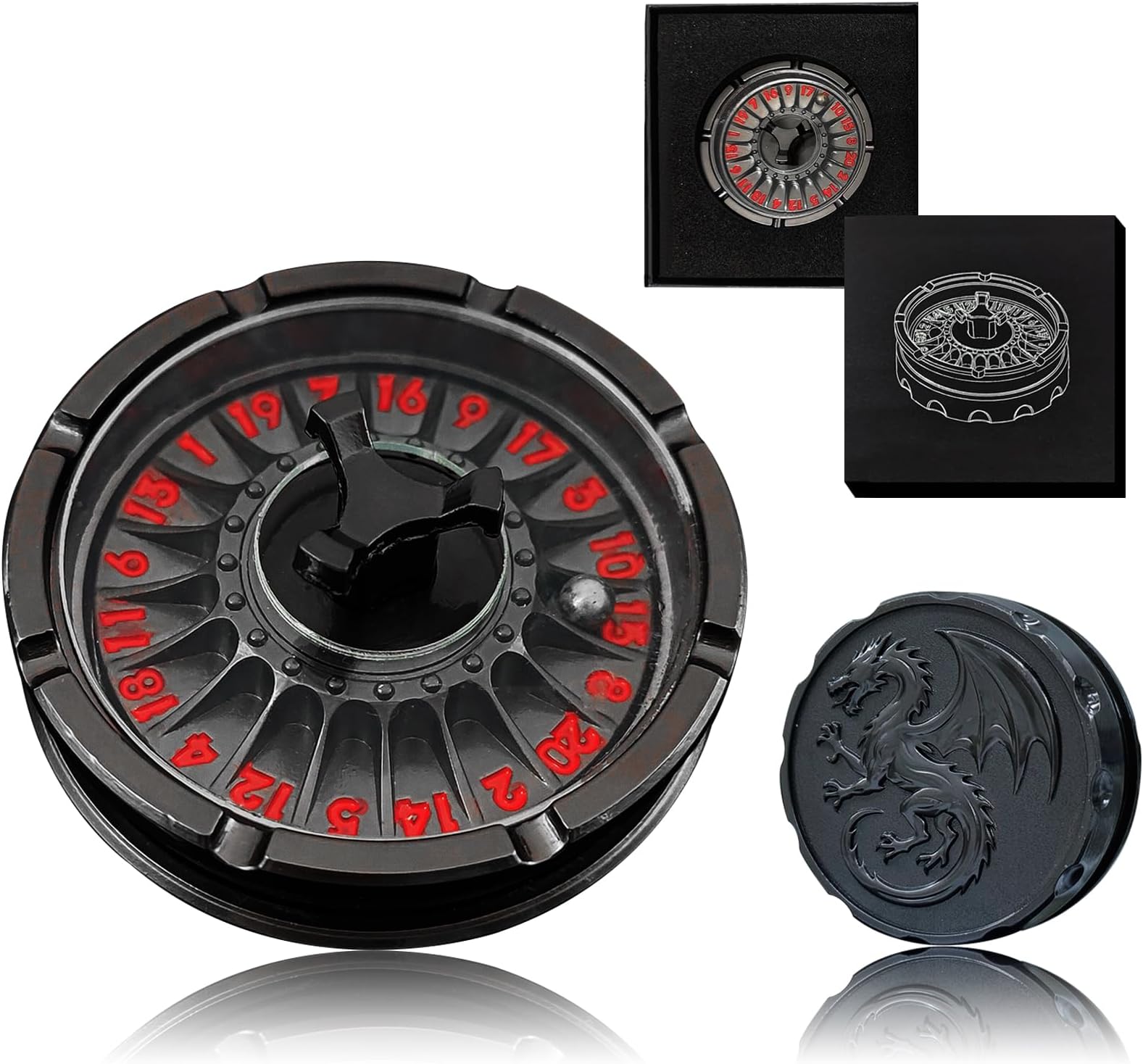 G20 Roulette Dice Spinner for DND Dice Set, D20 Dragon Metallic D&D Dice with Gift Case for DND Game, RPG Role Playing Table Game Gifts (Black-red)