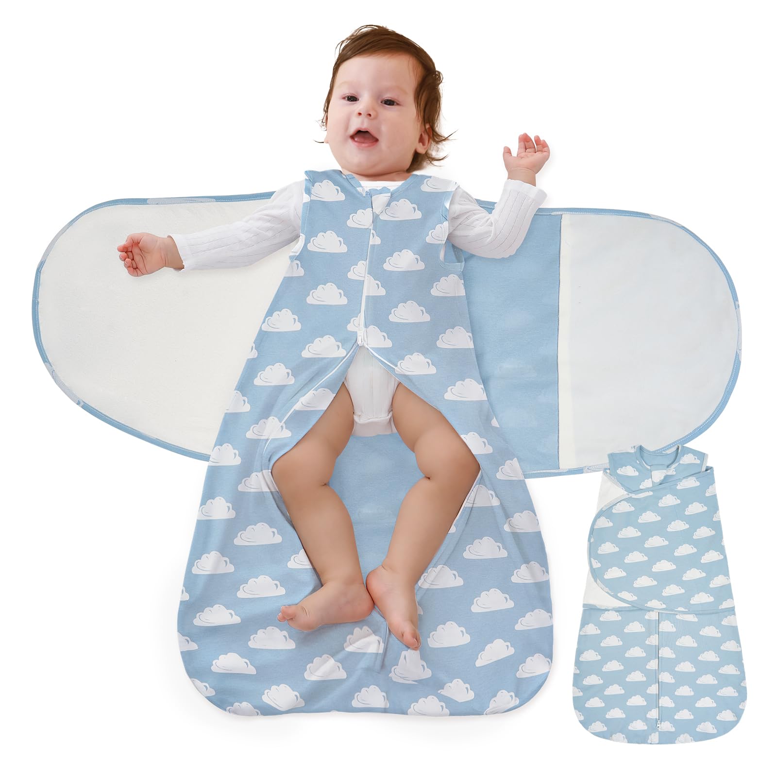 FUNUPUP Pucksack Baby 0-6/6-12 Monate, 100% Baumwolle Swaddle Schlafsack Baby Sommer 1 Tog, 3-in-1 Babyschlafsack mit Klettflügeln und Doppeltem Reißverschluss