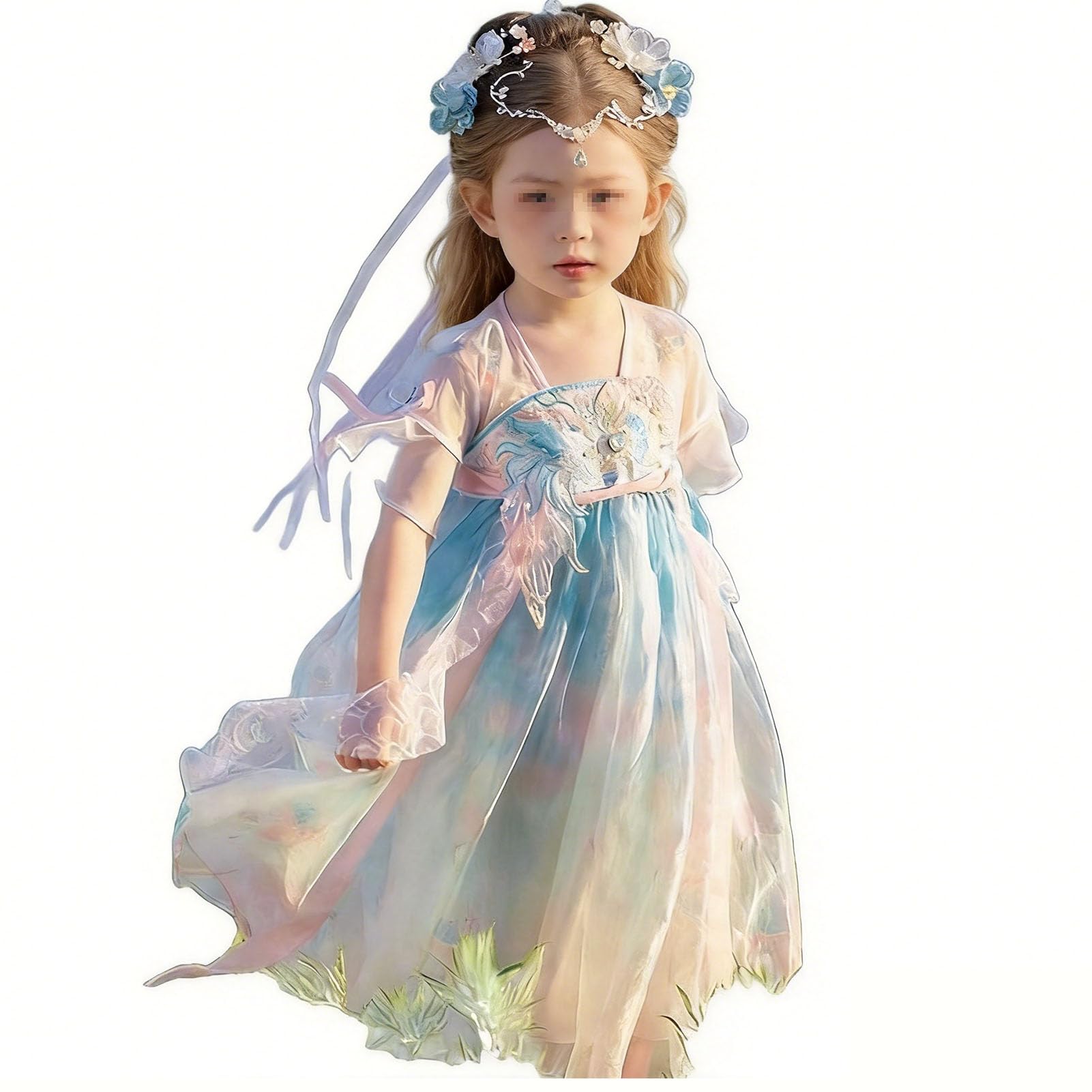 HHCTEBEC Girl's Hanfu Dress Summer,Short-Sleeved Chinese Traditional Floral Ruqun Kids Ancient Fairy Tang Dynasty Style Dress,130CM