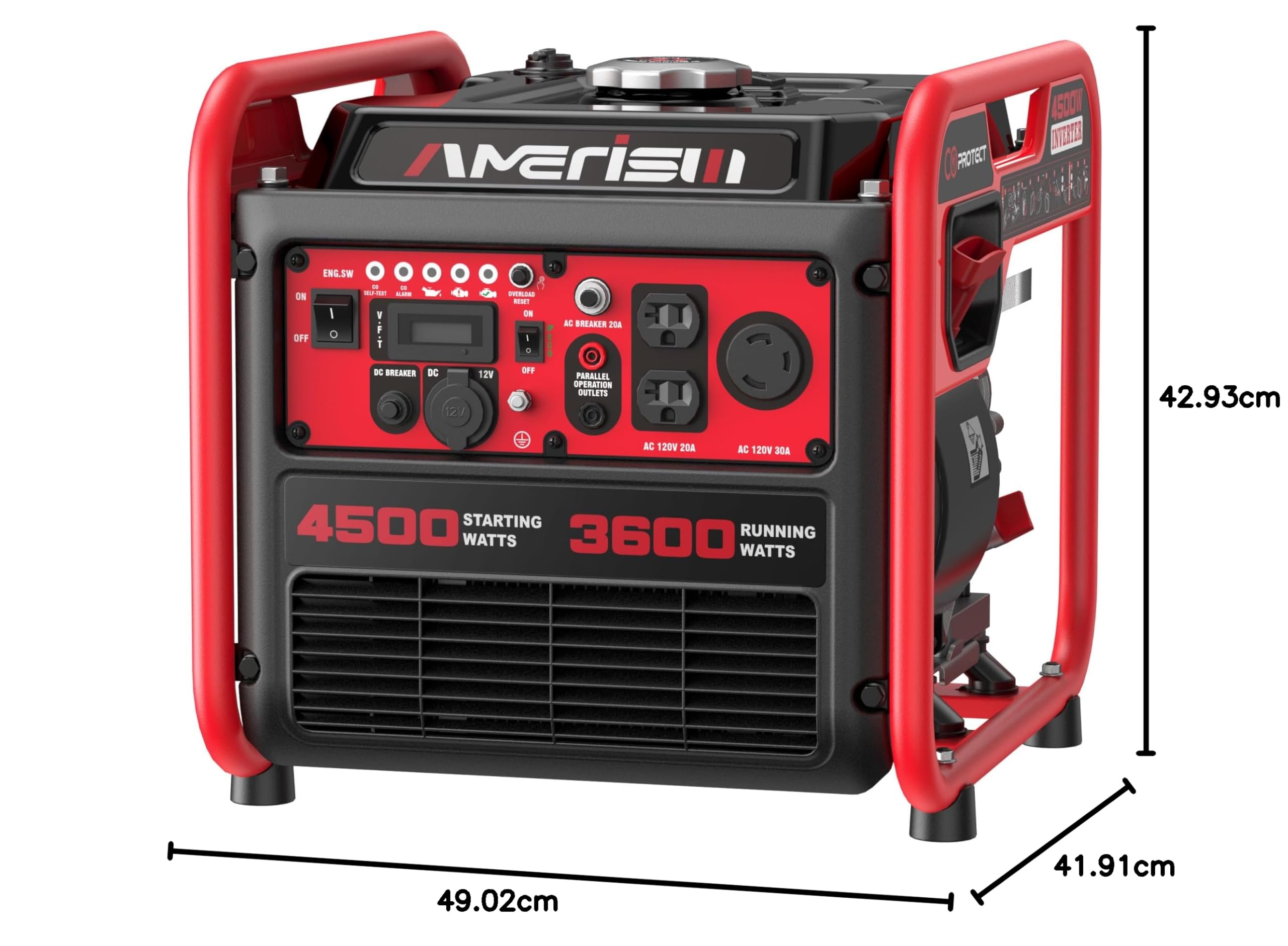 AMERISUN Generatore Inverter da 4500 W, motore a gas portatile, 223 cc, motore a 4 tempi, silenzioso, modalità Eco, sensore CO, funzionamento parallelo, uscita RV 120 V, 30 A, casa e casa