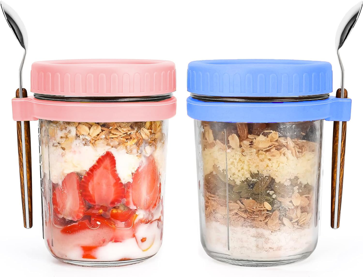 Gilen Overnight Oats Jars with Lids and Spoon, Overnight Oats Container, 10 Oz Glass Porridge Container to Go for Chia, Pudding, Milk, Cereal, Fruit, Yogurt, Salad, Cereal Meal Prep Jars (Pink + Blue)