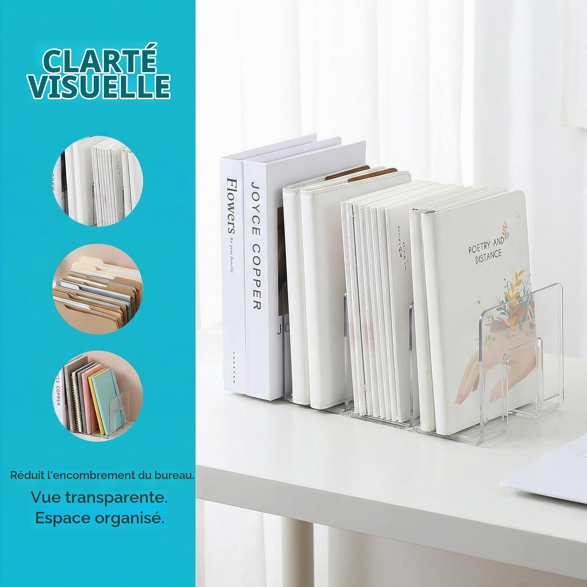 2 Pièces Porte Revue en Acrylique Transparent, 4 Compartiments Organiseur de Fichiers pour Livre Séparateur de Sac à Main pour Bureau, Classe, Chambre, Bibliothèque, Cuisine