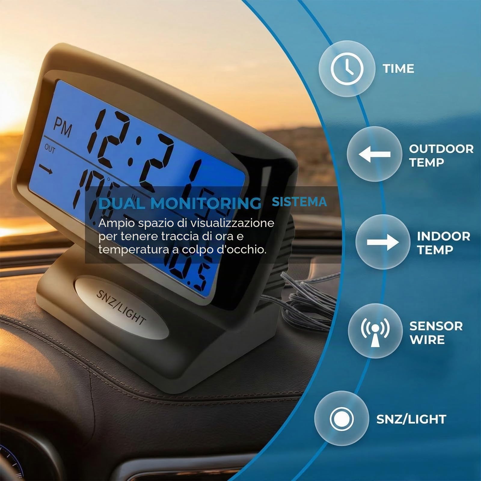 termometro per auto, sveglia digitale, misuratore di temperatura con retroilluminazione, termometro per auto