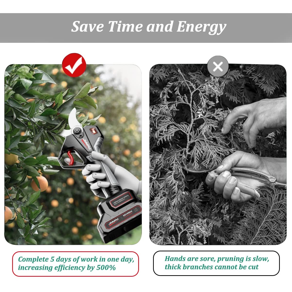 Tijeras De Podar Electricas 48mm, Tijeras De Podar Bateria para Jardinería Viñedos Árboles Frutales, Tijeras De Podar con Barra De Extensión 1,3-2,1m, 2 Recargable Litio Batería