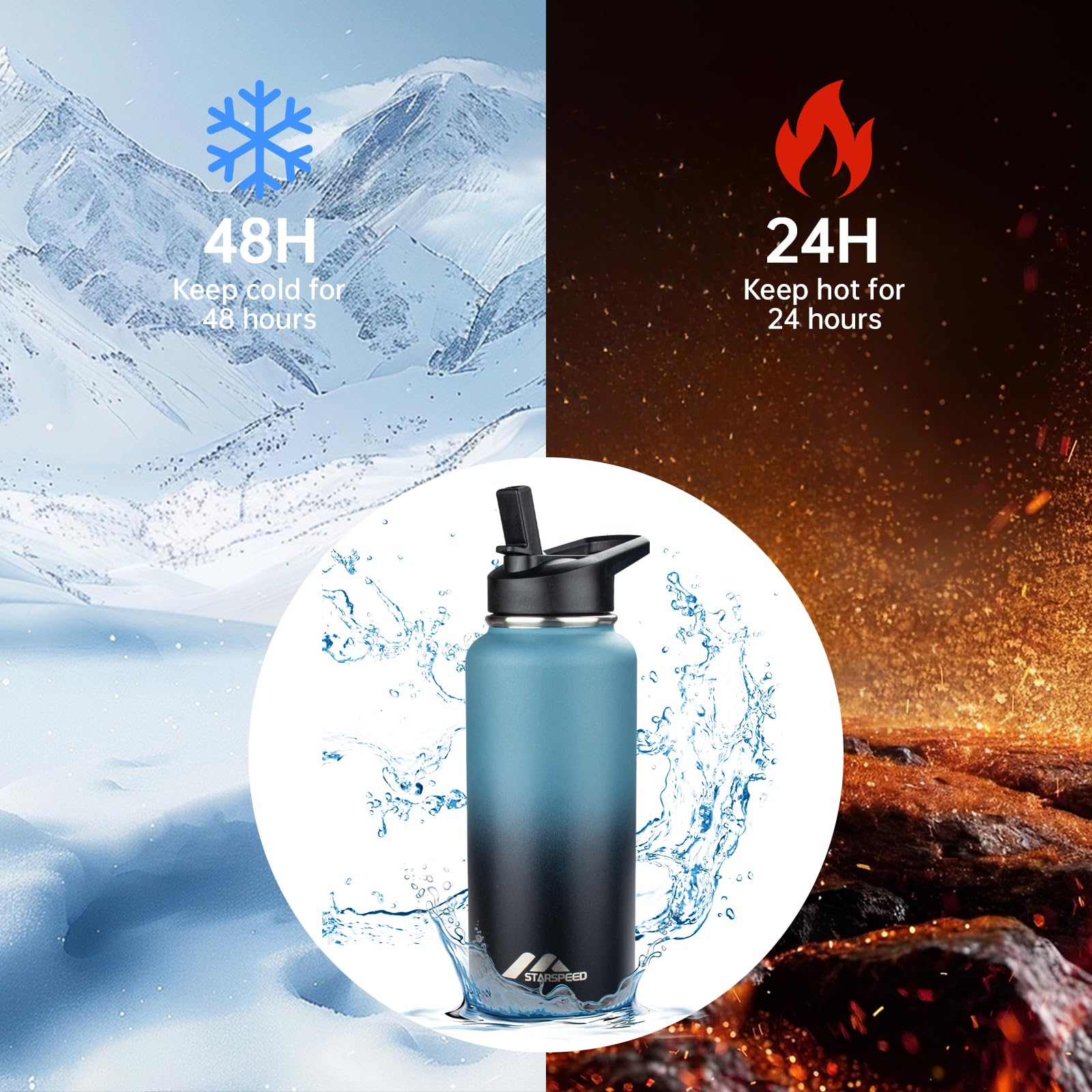 StarSpeed Botella de agua aislada de 32 onzas, termo de agua de acero inoxidable de doble pared, jarra de agua de vacío de 32 onzas, taza térmica deportiva de boca ancha con tapas de boquilla de