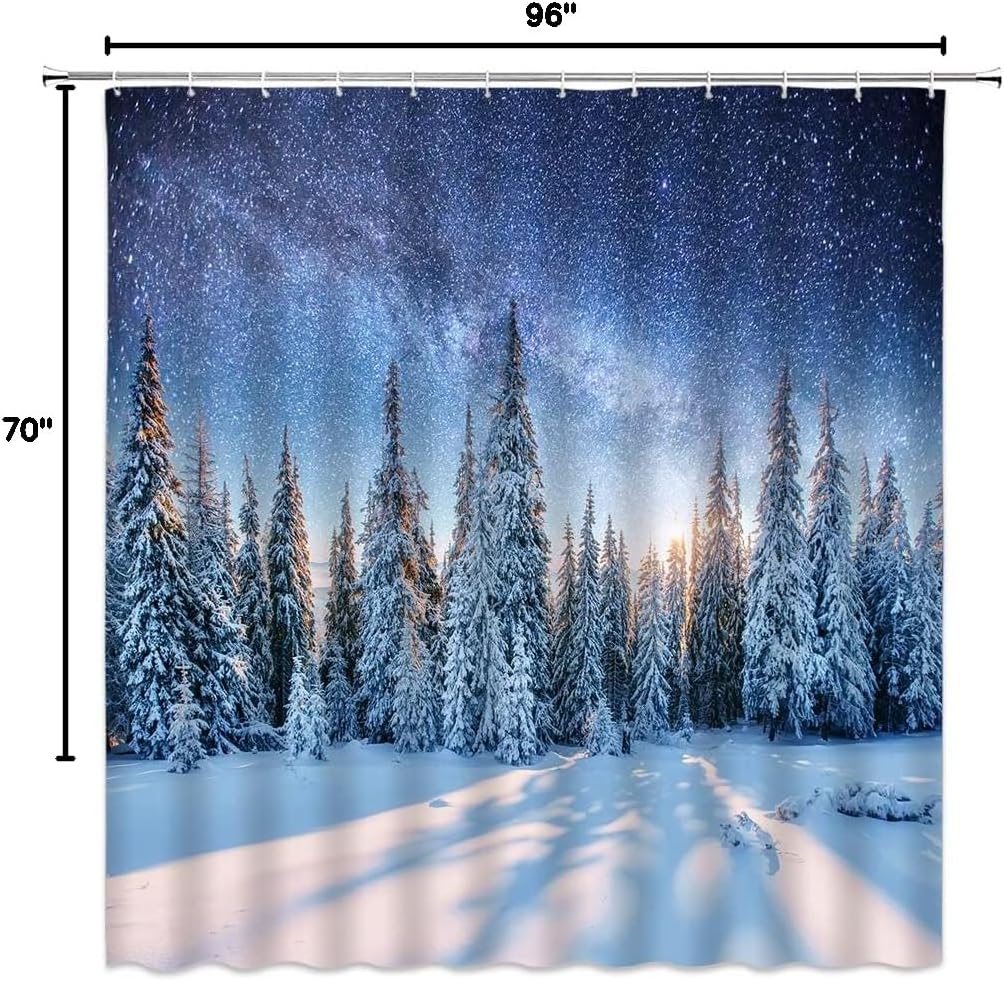 Winter Forest Shower Curtain Pine Tree Forest Blue Jungle Snowflake Snowy Day Rustic Christmas Holiday Nature Scenery Bathroom Decor Fabric Bathroom Sets with Hooks