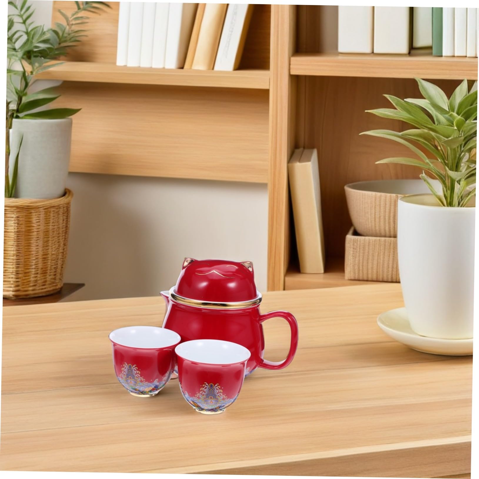 Hemobllo Service à Thé Portable Céramique Motif Chat Théière et Tasses pour Bureau Voyage et Pique Design Créatif et Transportable