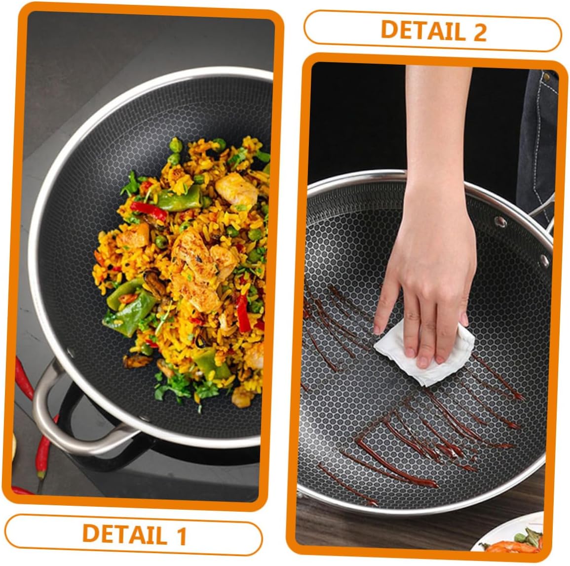 Honeycomb Grain Stainless Steel Wok Non-stick Frying Pan for Induction Cooktops Scratch-resistant Double Handle Design Easy to Clean Kitchenware