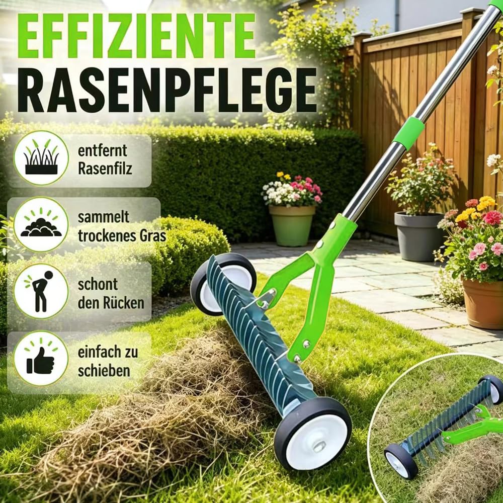 Escarificador de mano con ruedas de 165 cm, mano con saco de basura de jardín, rastrillo con mango, rastrillo de corte con mango, escarificador, para eliminar el fieltro del césped