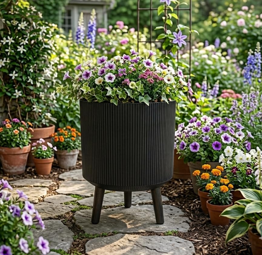New Black Ribbed Tripod Planter 30cm – Contemporary Elevated Plant Pot Stand for Indoor & Outdoor Home, Garden & Balcony Décor-A72