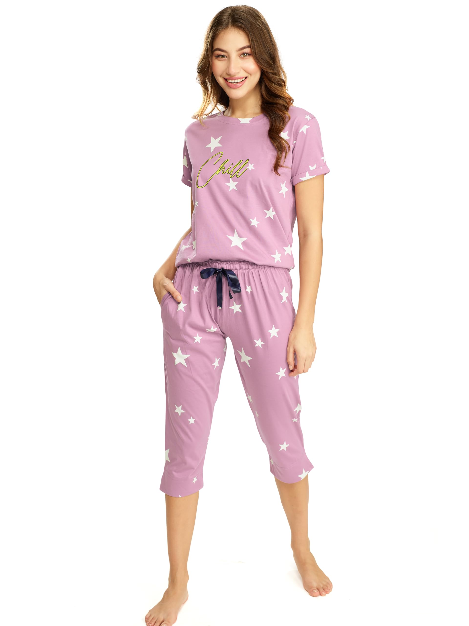 Women's Cotton Starred Printed Half Sleeve Top & Capri Set-image-39