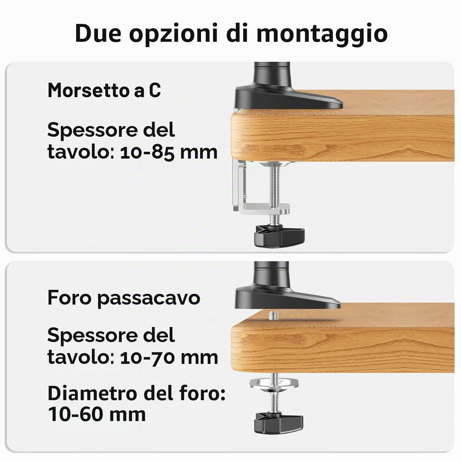 ELIVED Supporto da scrivania per monitor singolo per schermi da 13-34", supporta max 12 kg, inclinabile e girevole, braccio regolabile in altezza con molla a gas, VESA 75 e 100 mm, morsetto a C e base