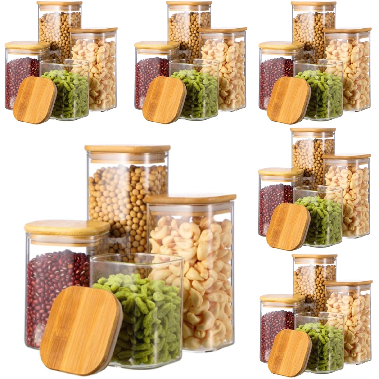 Qinyoung Vorratsdosen aus Glas, quadratisch, mit Bambusdeckel, 4 Größen, transparent, stapelbar, luftdicht, für Süßigkeiten, Kekse, Zucker, Nudeln, Nüsse, Küchenorganisation, 24 Stück