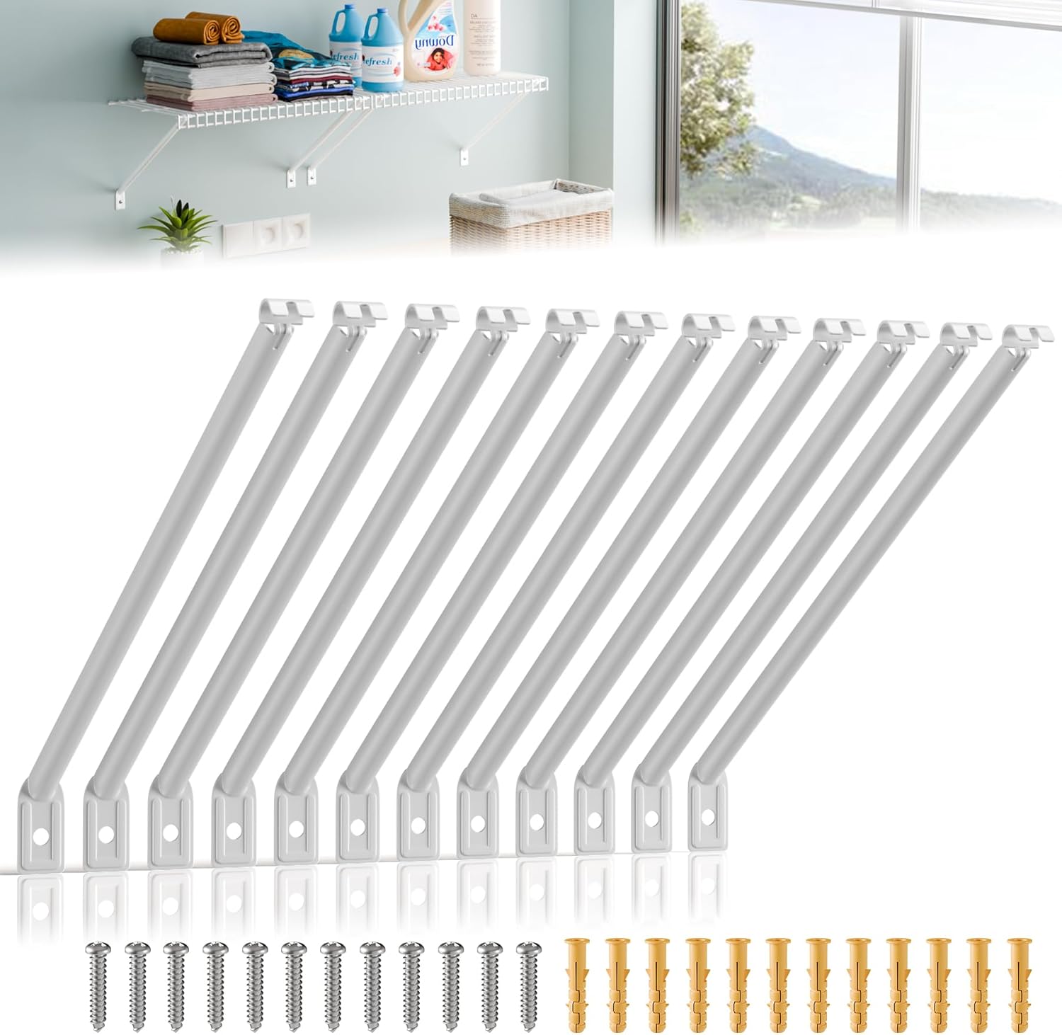 12 Pcs Support Brackets for Wire Shelving 12in Wire Shelf Support Bracket,Reinforced Anti-Sag Design with Anchors & Pins – Strong Shelf Brackets for Closet, Pantry & Storage (White)