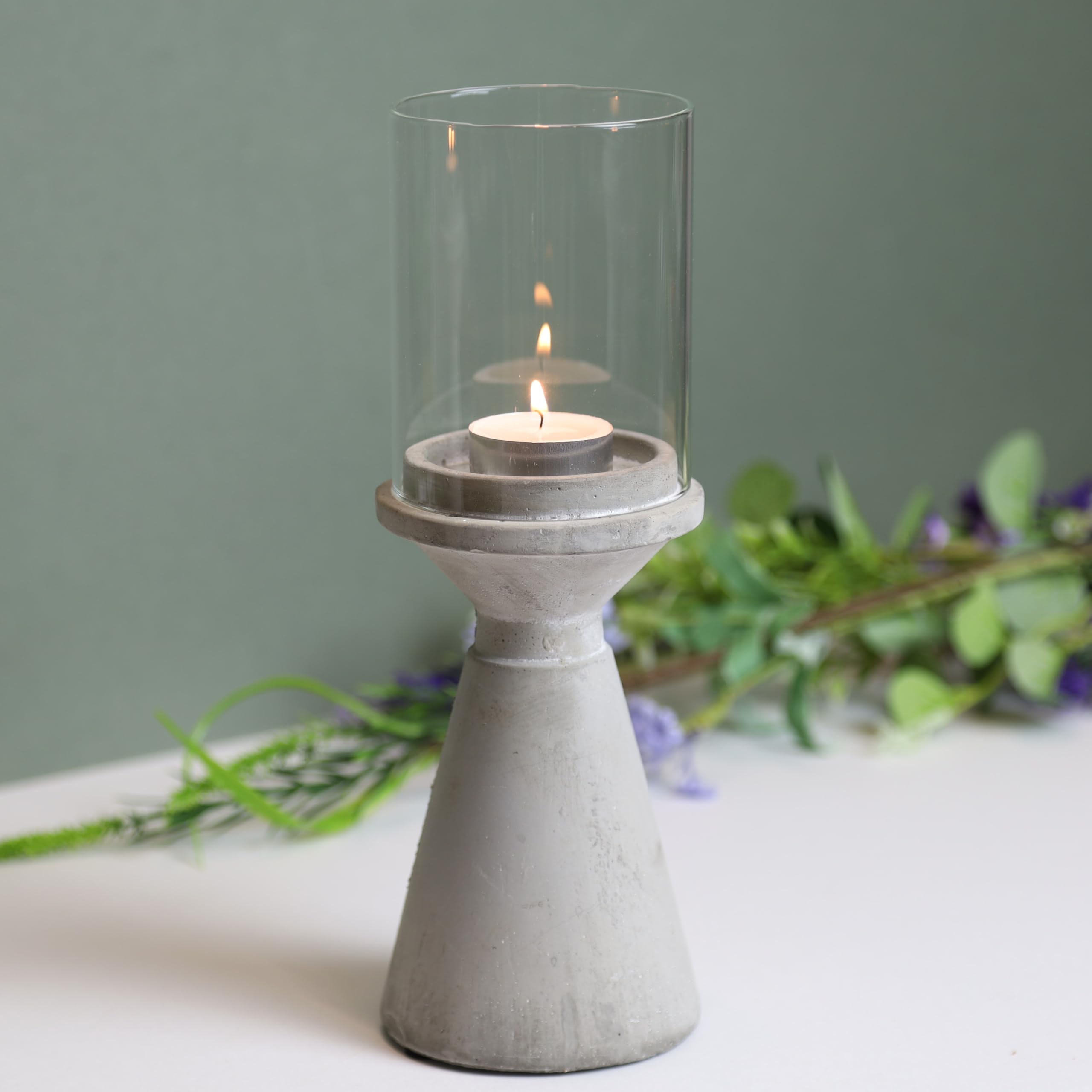 Fyne-Finds Grey Small- Hurricane Cement Concrete Tea Light Candle Holders Lantern With Glass Shade