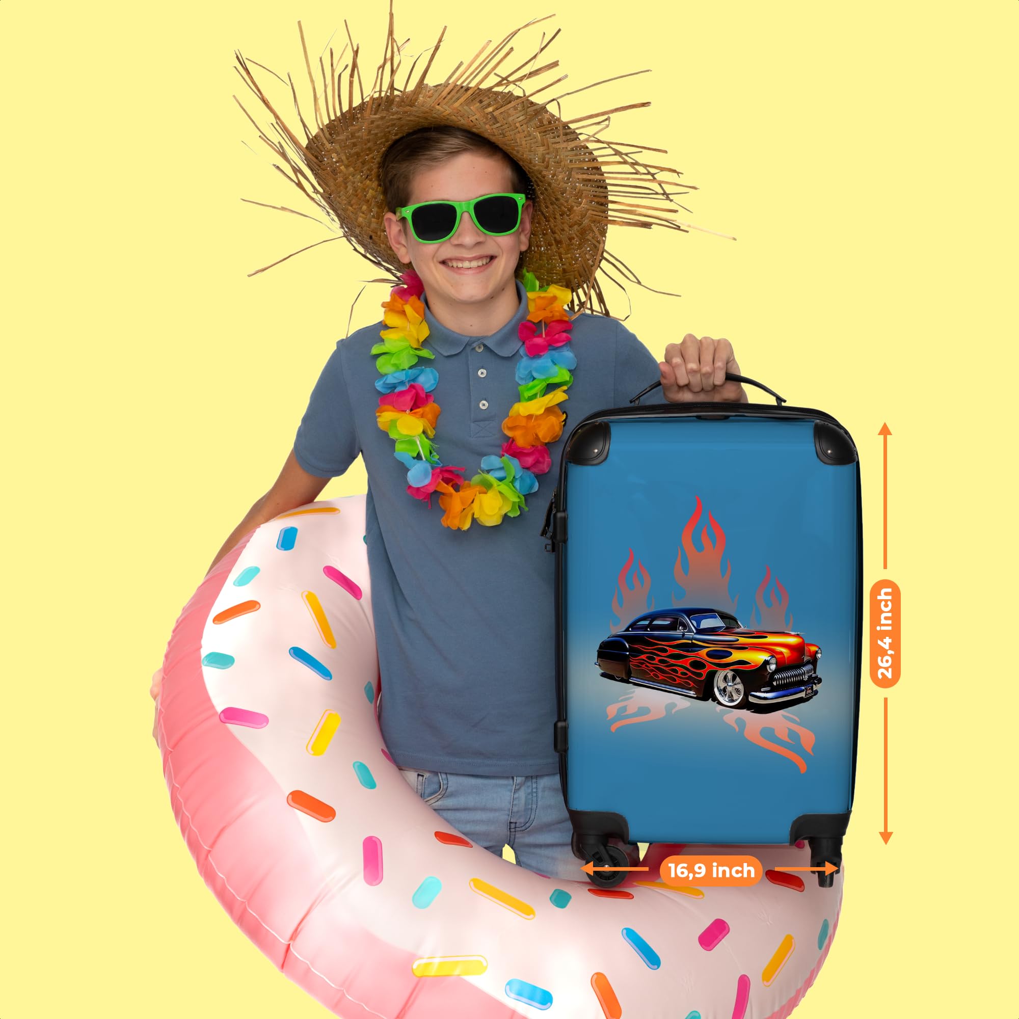 NoBoringSuitcases© Valigia Grande - 90 litri - da viaggio | Auto - Fiamme - Fuoco - Blu - Vintage - Chiusura a combinazione TSA - Trolley Rigido 4 ruote