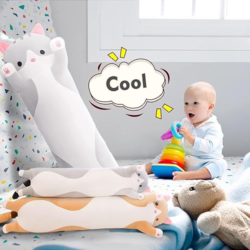 Miniatura 6 de Almohada larga de felpa con diseño de gato, 27.6 pulgadas, lindo peluche de animales de peluche, color gris, juguete de peluche suave Kawaii Kitty,